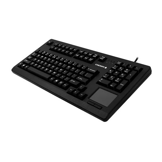 High-angle perspective view of the CHERRY G80-11900 keyboard highlighting the integrated touchpad, numeric keypad, and black chassis.