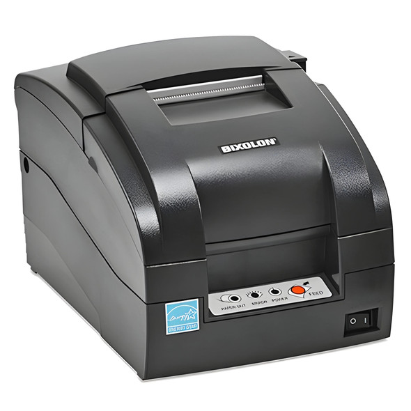 Front three-quarter view of the black BIXOLON SRP-275III impact receipt printer showing the front power switch, status indicator buttons, and paper exit slot.