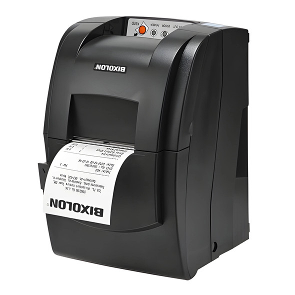 High-angle perspective view of the BIXOLON SRP-275III impact receipt printer dispensing a printed receipt from the top auto-cutter slot.