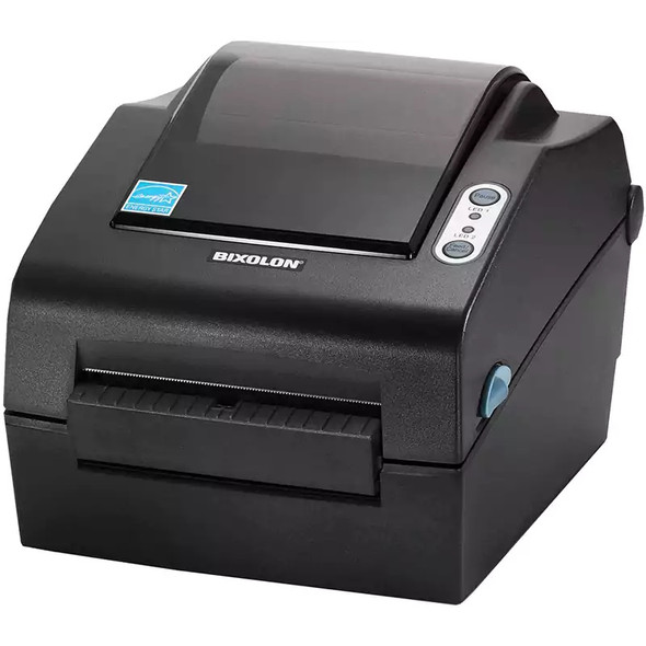 Front angled view of the dark gray BIXOLON SLP-DX420 direct thermal desktop label printer showing the front exit slot, tear bar, control buttons, and clear media inspection window.