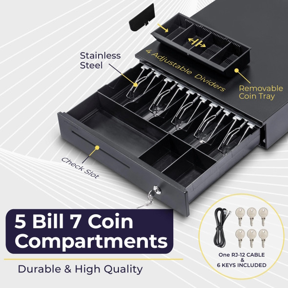 Exploded view of the cash till showing 5 stainless steel bill compartments, a front check slot, and a removable coin tray with 4 adjustable dividers alongside 6 keys and an RJ12 cable.