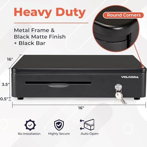Volcora 16-inch black POS cash drawer with front rounded corners showing dimensions of 16 inches wide, 16 inches deep, 3.5 inches drawer height, and 0.5-inch rubber stand feet.