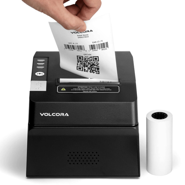 Volcora 50020X 80mm thermal receipt printer in matte black dispensing a test receipt beside a starter thermal paper roll.