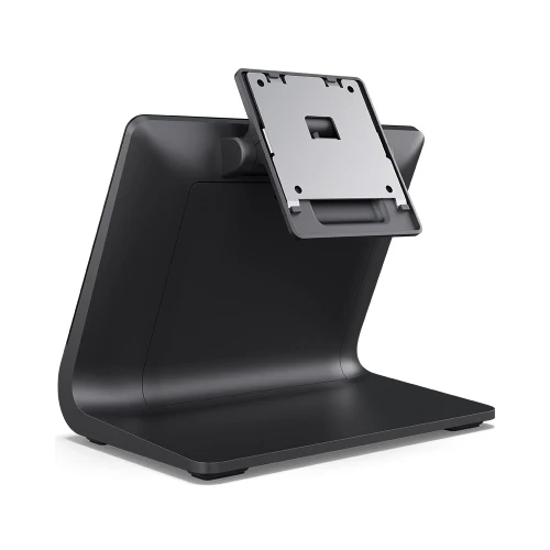 Three-quarter front-side view of black EloPOS Z30 terminal stand showing base plate and angled mounting bracket for I-Series 4 Slate