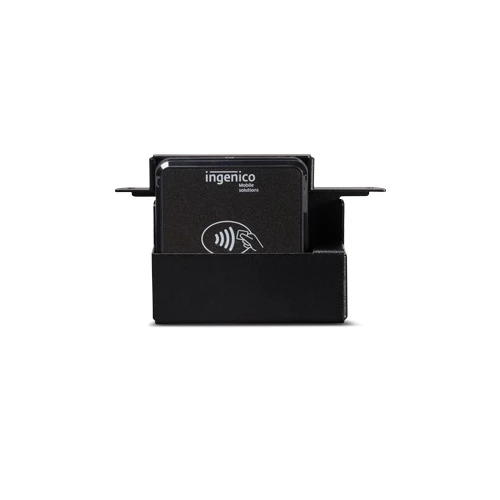 Elo EMV cradle kit (E586981) mounting bracket holding a black Ingenico RP457c payment card reader, front view against a white background.