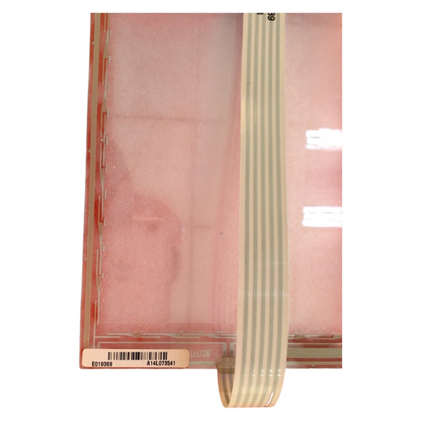 Close-up view of the barcode label and flex ribbon cable on an Elo E019369 touch glass panel, showing part number E019369 and serial number A14L073541.
