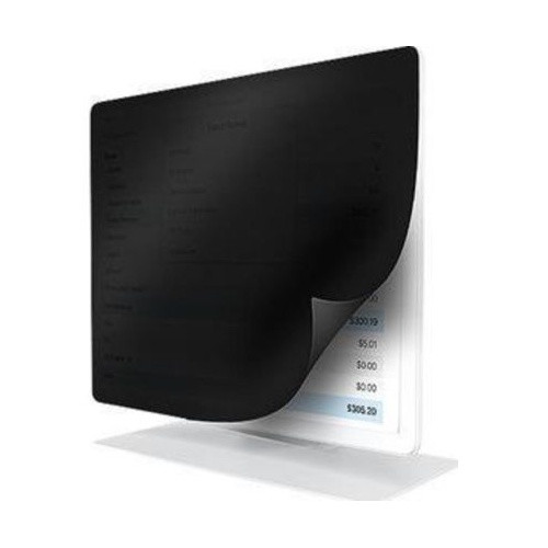 Elo E352596 privacy filter shown partially peeled back from the screen of an Elo touchscreen monitor, demonstrating data privacy and side-angle blackout protection.