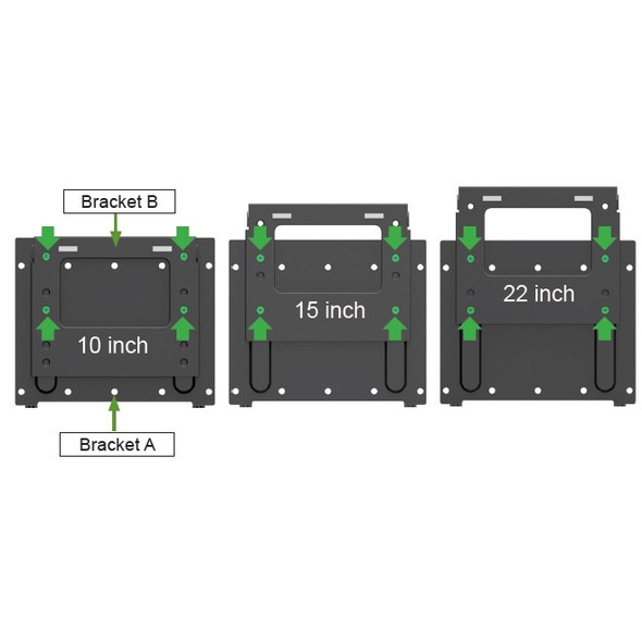 Installation diagram of the Elo E802400 wall mount kit illustrating alignment of Bracket A and Bracket B for 10-inch, 15-inch, and 22-inch I-Series 2.0 displays.
