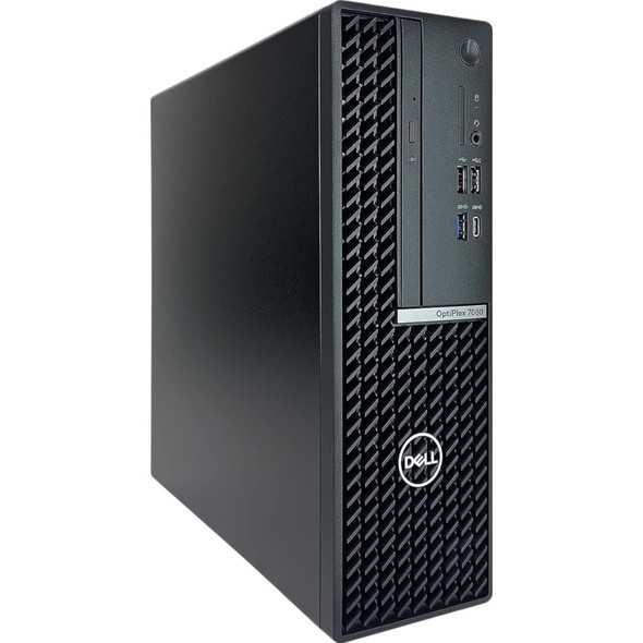 Dell OptiPlex 7080 Small Form Factor desktop computer shown standing vertically from a three-quarter front-left perspective
