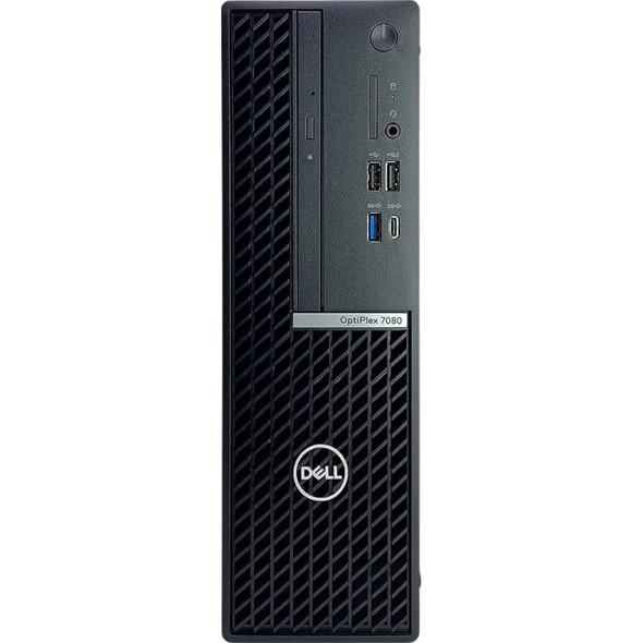 Front panel of Dell OptiPlex 7080 SFF desktop PC featuring mesh grille, power button, USB ports, and optical drive slot