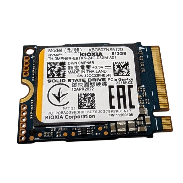Front view of KIOXIA BG5 512GB M.2 2230 NVMe SSD showing manufacturer label with model KBG50ZNS512G and Dell part number 0MPN6R