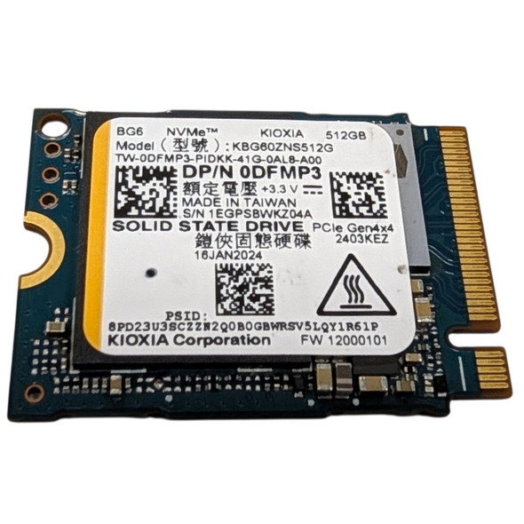 Front view of KIOXIA BG6 512GB M.2 2230 NVMe SSD showing manufacturer label with model KBG60ZNS512G and Dell part number 0DFMP3