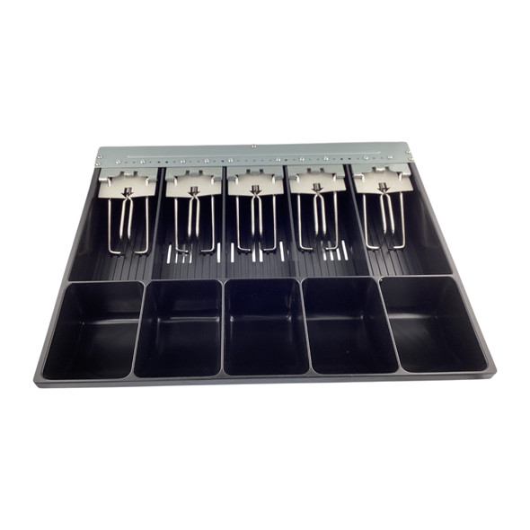 Top-down overhead view of the M-S 1051-5 cash drawer insert, highlighting the 5-bill and 5-coin US currency layout with spring-loaded steel bill clips resting inside the black plastic slots.