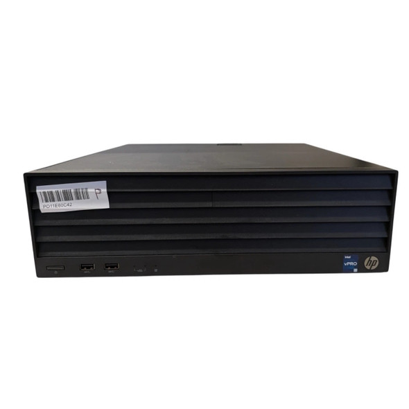 Front straight-on view of the black HP Engage Flex Pro G2 Retail System desktop chassis. Features horizontal ventilation slats, front-facing USB ports, power button, and an Intel vPro badge along the bottom bezel.