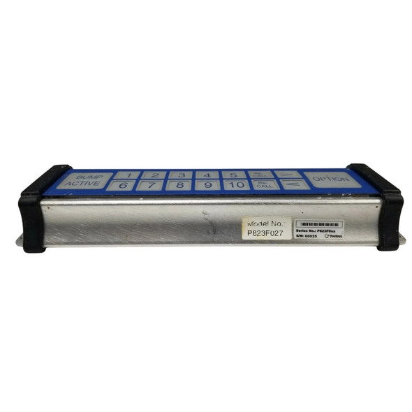 Front perspective angled view of a Radiant Systems P823F027 KDS bump bar highlighting the extruded aluminum enclosure, rubber end caps, and model number label.