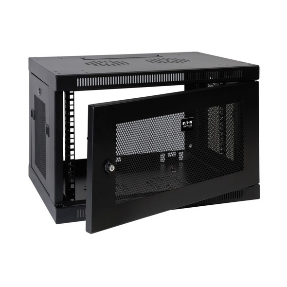 Front angled view of the Eaton Tripp Lite SRW9U 9U wall-mount rack cabinet with the front perforated mesh door swung open revealing interior mounting rails.