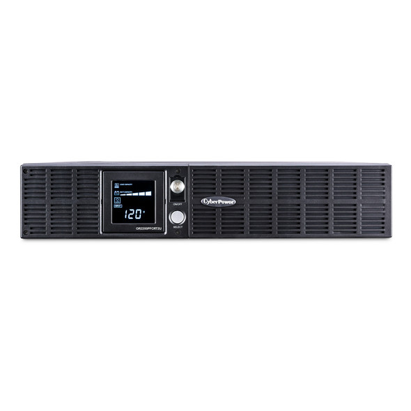 Direct front view of the CyberPower OR2200PFCRT2U 2U rackmount UPS displaying the horizontal airflow ventilation grille, illuminated multifunctional LCD status display, power switch, and select button.