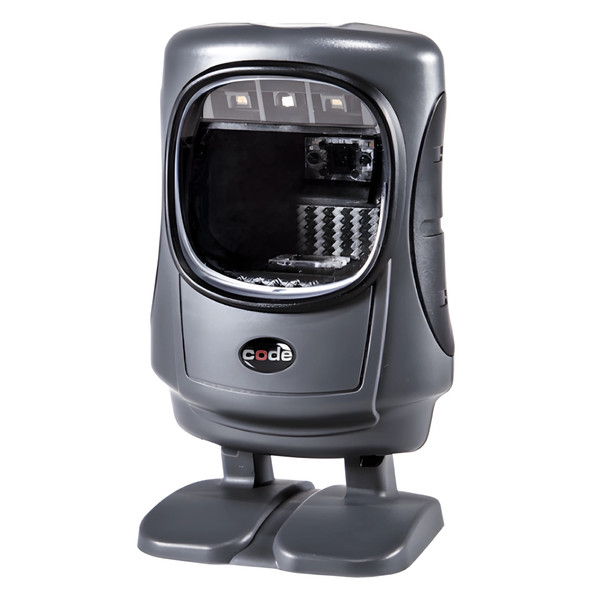 Close-up front-facing view of the dark gray Code CR5000 presentation barcode scanner highlighting the large optical scanning window, LED illumination array, and base stand.