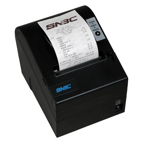 Elevated front perspective of the closed black SNBC BTP-R880NPV receipt printer with a printed sample ticket, control keypad, and Energy Star badge.