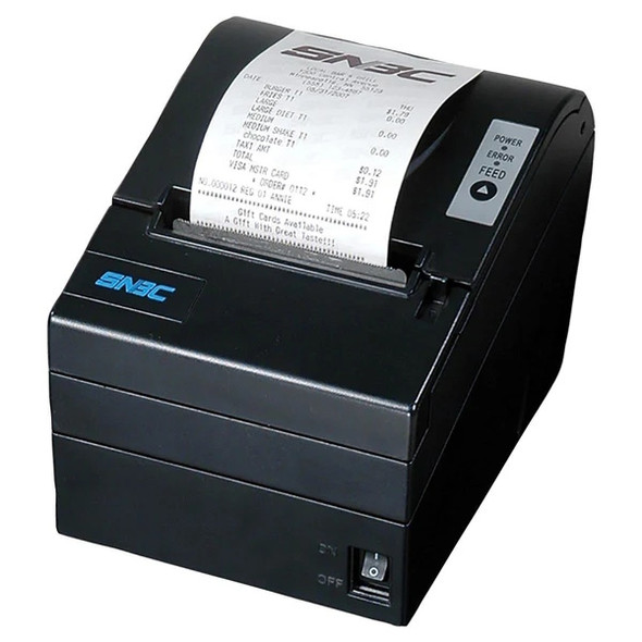 Side-angle view of the black SNBC BTP-R880NPV POS printer actively printing a sample store receipt, highlighting the power switch, LED status panel, and feed button.
