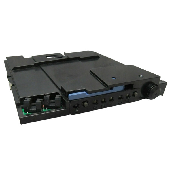 Angled view of the IBM Toshiba SureMark 4610-2CR and 4610-2NR main logic card assembly housed in its black molded carrier, showing optical sensor brackets, blue latch, adjustment dial, and internal mounting framework.