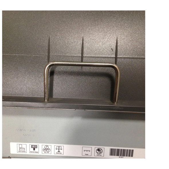 Rear view of the PSC Magellan 9504 scanner scale highlighting the metal carrying handle and connection port label diagrams for POS Terminal, Remote Display, Aux Port, Scale Host, Power, and EAS Port.