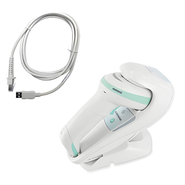 Datalogic Gryphon GM4500-HC cordless healthcare barcode scanner resting in wireless charging base with included white USB cable