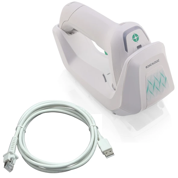 Datalogic Gryphon GM4600-HC healthcare cordless barcode scanner seated in wireless charging base with included white USB cable