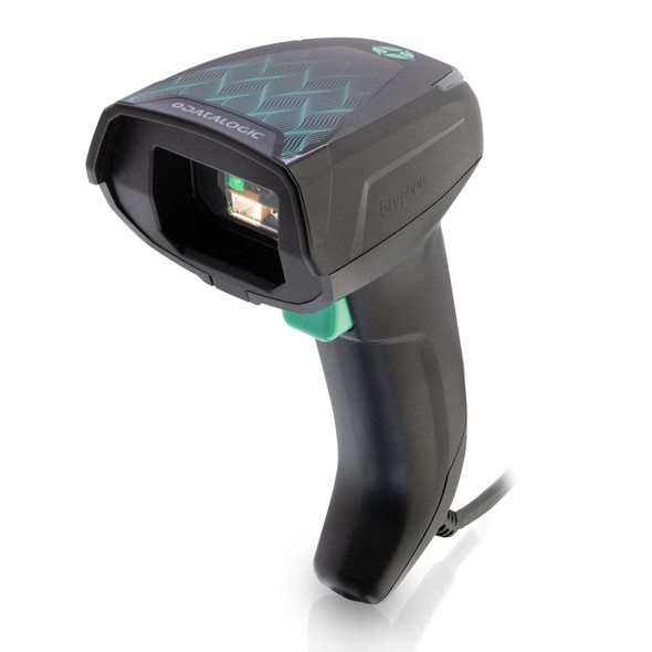 Front three-quarter angle of Datalogic Gryphon GM4600 barcode scanner showing scan window and green trigger button