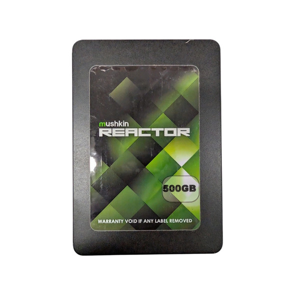 Front view of Mushkin Reactor 500GB 2.5 inch SATA III internal solid state drive with green geometric label