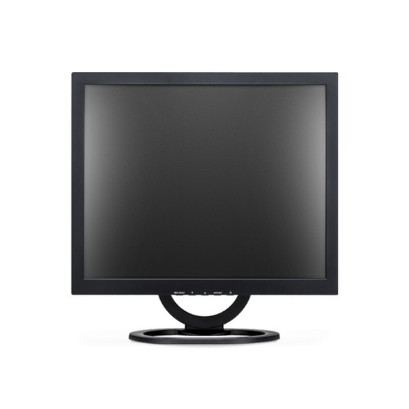 Front view of the black Clinton Electronics CE-VT768 17-inch CCTV LCD security monitor mounted on its curved desktop stand, featuring a matte black display panel and bottom bezel control buttons.
