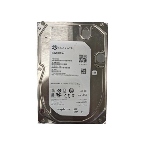 Top-down view of the Seagate SkyHawk AI 8TB 3.5-inch internal surveillance hard drive showing the silver metal casing and product specification label with model number ST8000VE000.