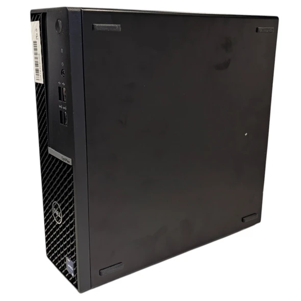 Side-angle view of a compact black Dell OptiPlex 7010 SFF desktop chassis standing upright, displaying the side panel, front bezel, and rubber support feet.
