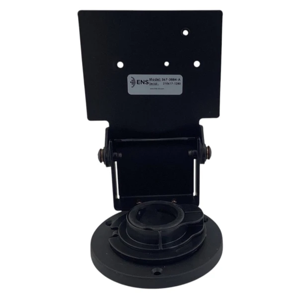 Rear view of the ENS 367-3884 payment terminal stand showing the back of the mounting plate, model label, tilt hinge, and round swivel base.