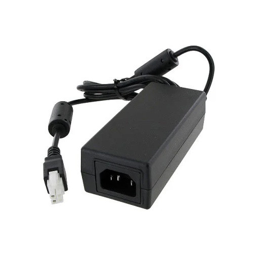 Datalogic 91ACC0048 AC/DC power supply adapter brick showing 3-prong AC inlet, attached DC output cable with ferrite bead cores, and white multi-pin cradle connector on a white background