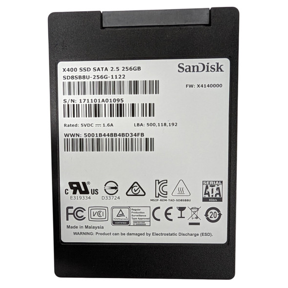 Back label of the SanDisk X400 256GB solid state drive displaying the model number SD8SB8U-256G-1122, serial number barcodes, regulatory compliance symbols, electrical ratings, and a statement warning against electrostatic discharge.