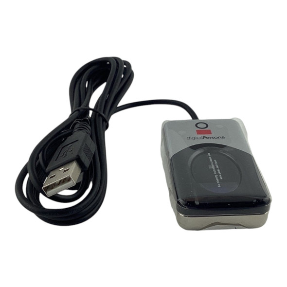 HID DigitalPersona 4500 USB optical fingerprint reader model 50013-001-103 angled on a white background with its attached black USB cable coiled neatly.