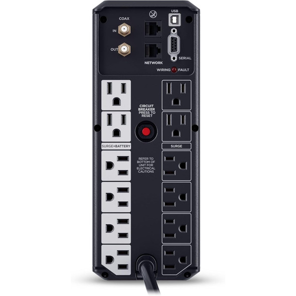 Rear panel layout of the CyberPower CP1500AVRLCD3 highlighting the 12 NEMA 5-15R outlets, coaxial/network surge protection ports, and circuit breaker.