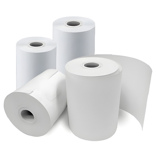 Group of four white direct thermal receipt paper rolls arranged against a white background, with one roll unrolling slightly in the foreground and visible hollow plastic cores.
