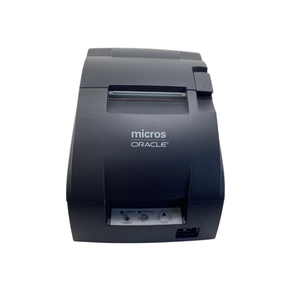 Front-facing view of the dark gray Epson TM-U220B receipt printer displaying the Micros Oracle branding, status indicator lights, paper feed button, and power toggle switch.