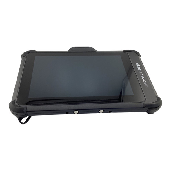 Top-angled view of the Oracle MICROS DT317CR tablet displaying its 7-inch touchscreen, reinforced corner bumpers, and branding along the bezel.