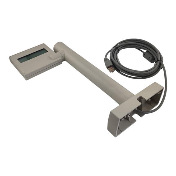 Angled side view of the NCR 7825 customer display assembly, highlighting the profile of the display head, upright mounting post, base bracket, and coiled cable.