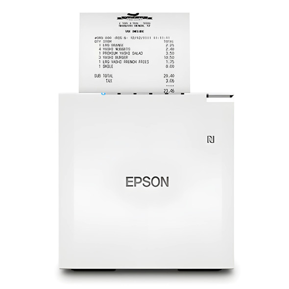 Front view of the white Epson OmniLink TM-m30III-H thermal receipt printer with an itemized receipt feeding out of the top exit slot and the Epson logo displayed on the front panel.
