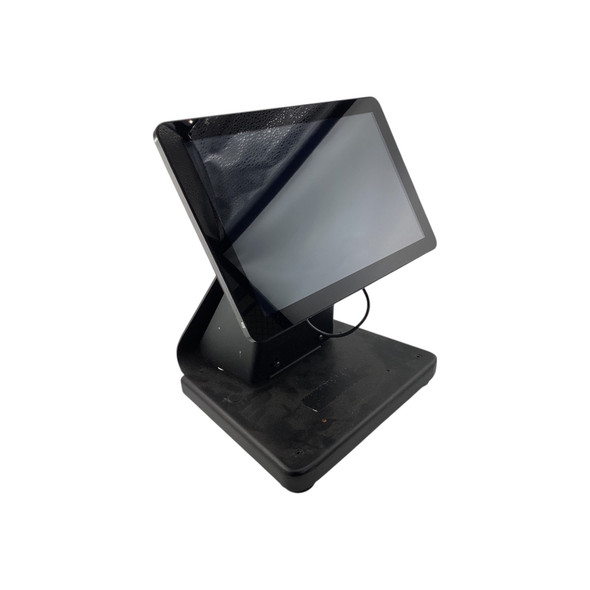 Angled profile view of the black Elo POS terminal and base, highlighting the adjustable display tilt and compact footprint.