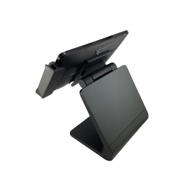 Rear-angled view of the Elo POS terminal and hub stand assembly, highlighting the clean back panel, adjustable hinge, and side-mounted card reader.