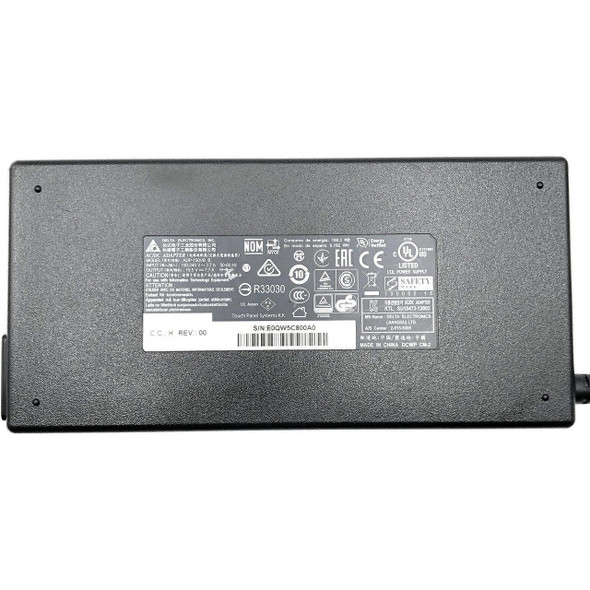 Close-up view of the technical specifications label on the Delta 150W AC power adapter showing model ADP-150VB B, input ratings, and safety certifications.