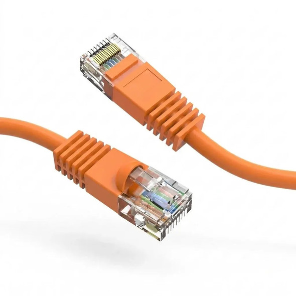 Close-up of two orange RJ45 Ethernet connector tips showing clear boots, strain-relief tabs, and gold-plated pins.