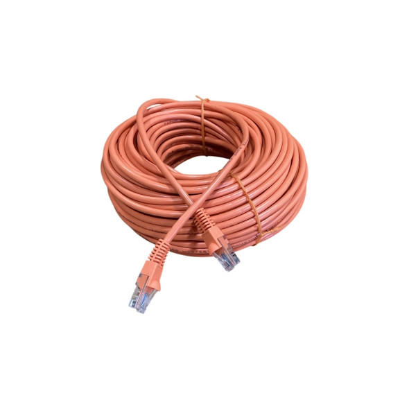 Neatly coiled 100-foot orange Cat5e Ethernet patch cable with molded RJ45 connectors resting in the foreground.