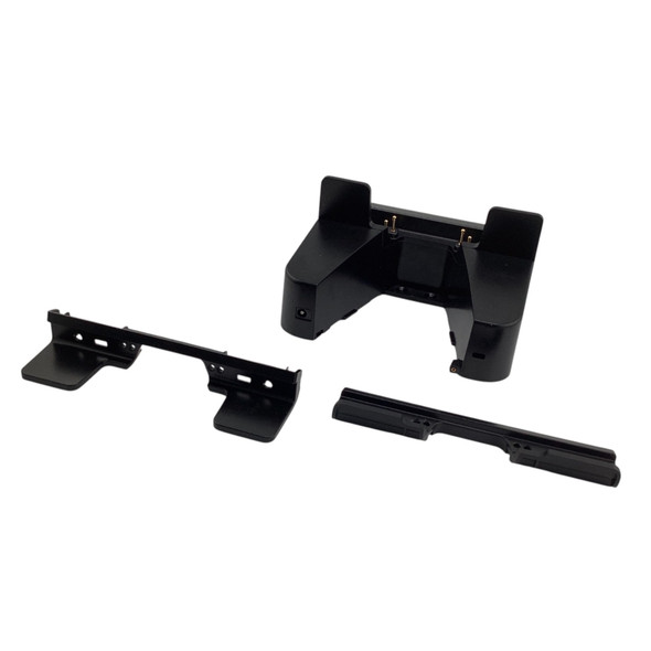 Angled view of the Zebra ET5x charging cradle unit alongside its two modular plastic insert shims.