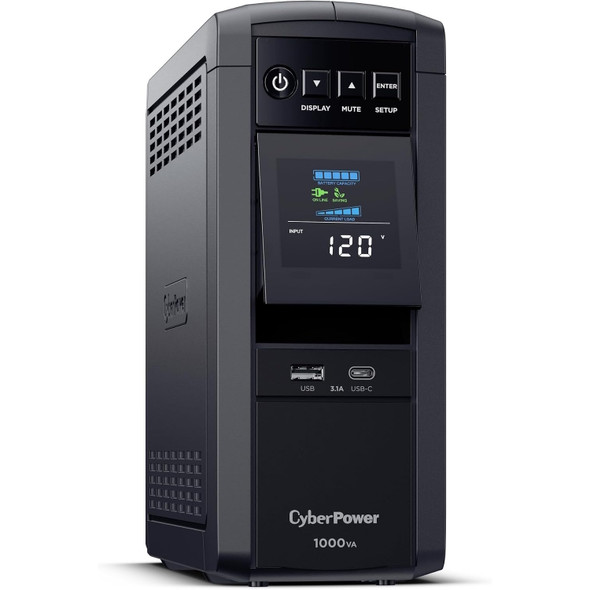 Angled left-side view of the CyberPower CP1000PFCLCD mini-tower UPS displaying ventilation grilles and the front control interface.